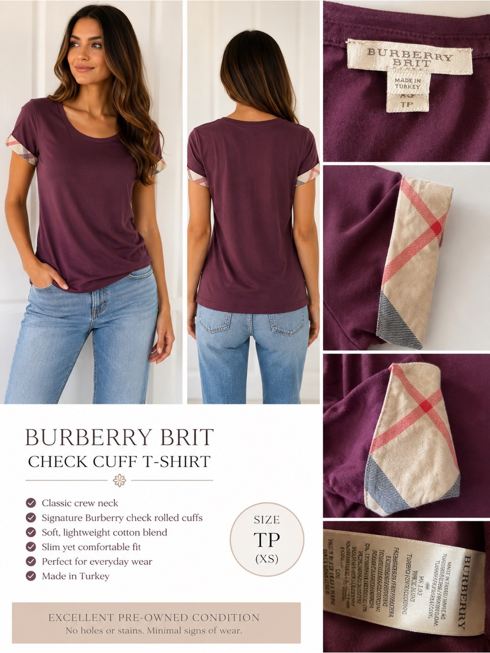 Burberry Brit Women's Short Sleeve Tee in Deep Plum with Check Cuffs